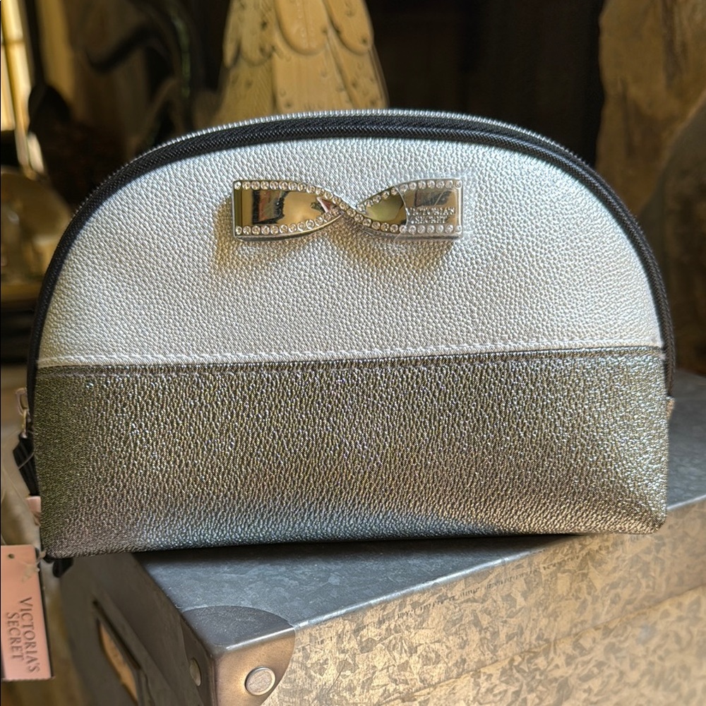NWT! Victoria's Secret Silver/Black Shimmer Cosmetic Bag with Bow